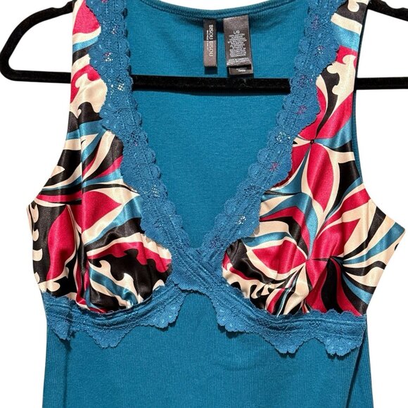 Y2K Babydoll Ribbed Lace Trim Teal Blue Contrast Bisou Bisou Womens Sz large Top - Picture 3 of 9